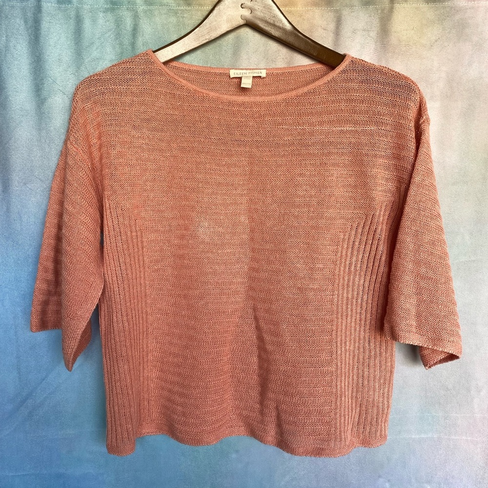 EILEEN FISHER 100% Organic Linen Knit Peach Coral Short Bell Sleeve Crop Sweater